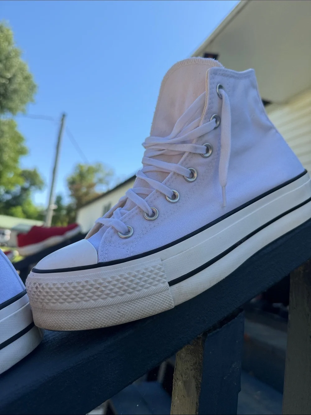 Converse White High Top Sneakers with Black Trim - Picture 6 of 14
